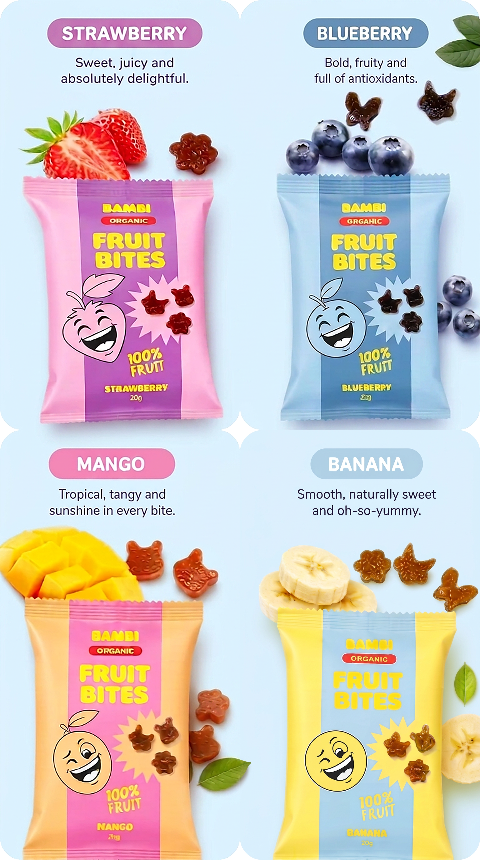 Bambi Organic Fruit Bites — four delicious flavours: Strawberry, Blueberry, Mango, and Banana