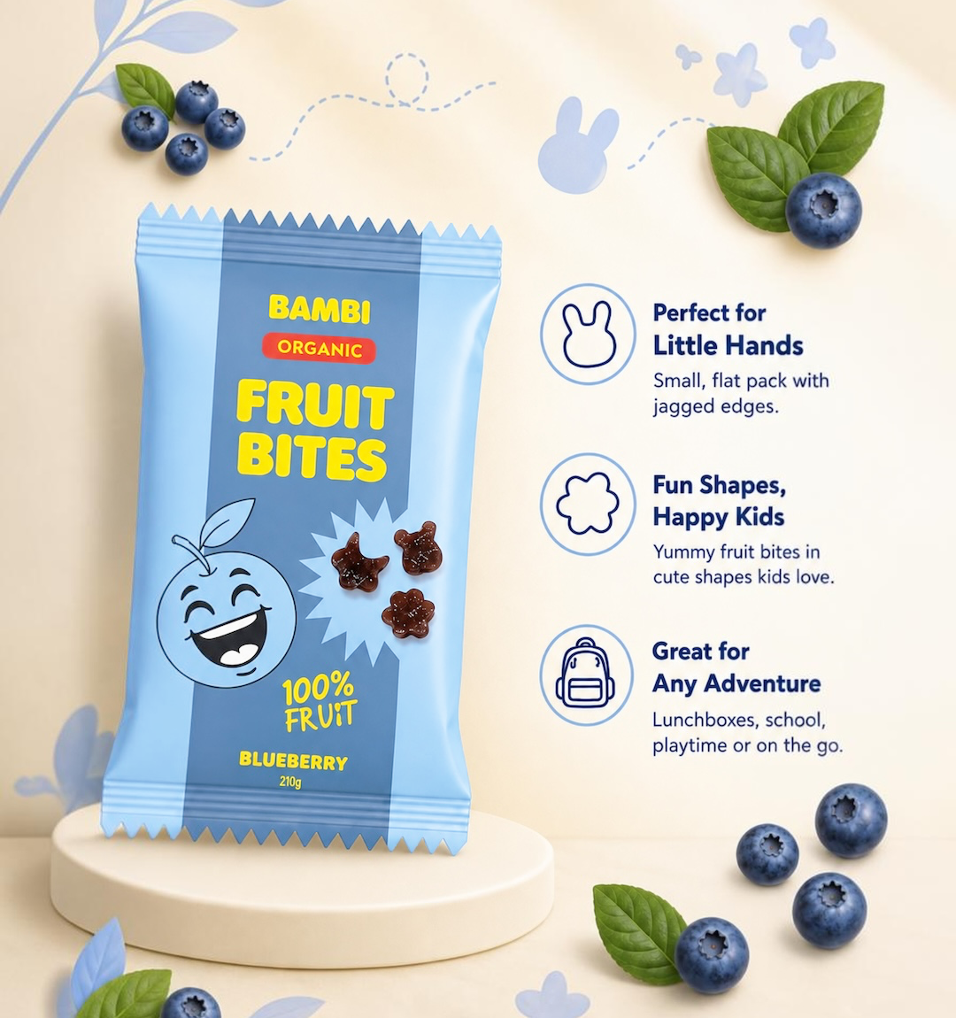 Bambi Organic Blueberry Fruit Bites — perfect for little hands, fun shapes kids love, great for any adventure